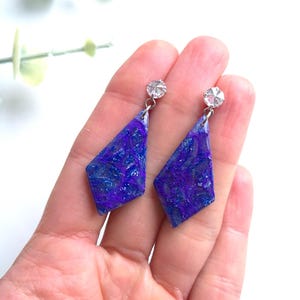 Purple/Blue and Silver Translucent Marble Earrings | Handmade Polymer Clay Earrings | Statement Dangle Earrings