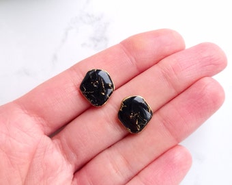Black and Gold Marble Earrings | Handmade Polymer Clay Earrings | Statement Stud Earrings