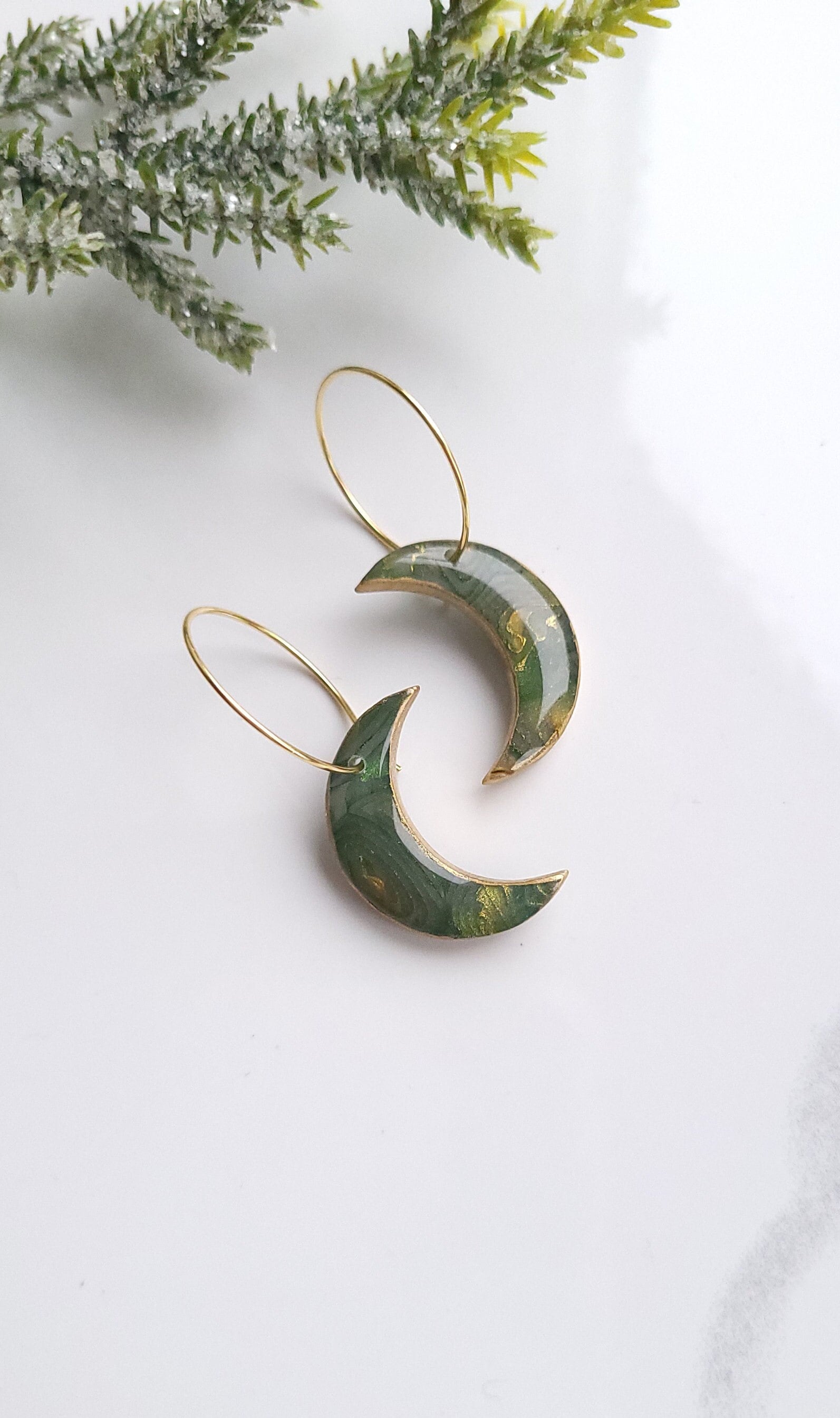 Green & Gold Marble Earrings | Handmade Polymer Clay Statement Moon Hoop