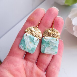 Mint Green, White and Gold Marble Earrings | Handmade Polymer Clay Earrings | Statement Dangle Earrings