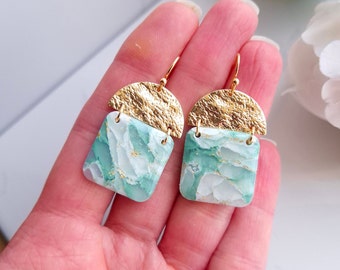 Mint Green, White and Gold Marble Earrings | Handmade Polymer Clay Earrings | Statement Dangle Earrings