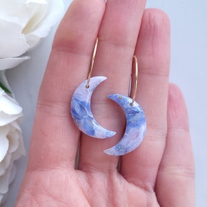Pastel Blue and Lilac Marble Earrings | Handmade Polymer Clay Earrings | Statement Moon Hoop Earrings