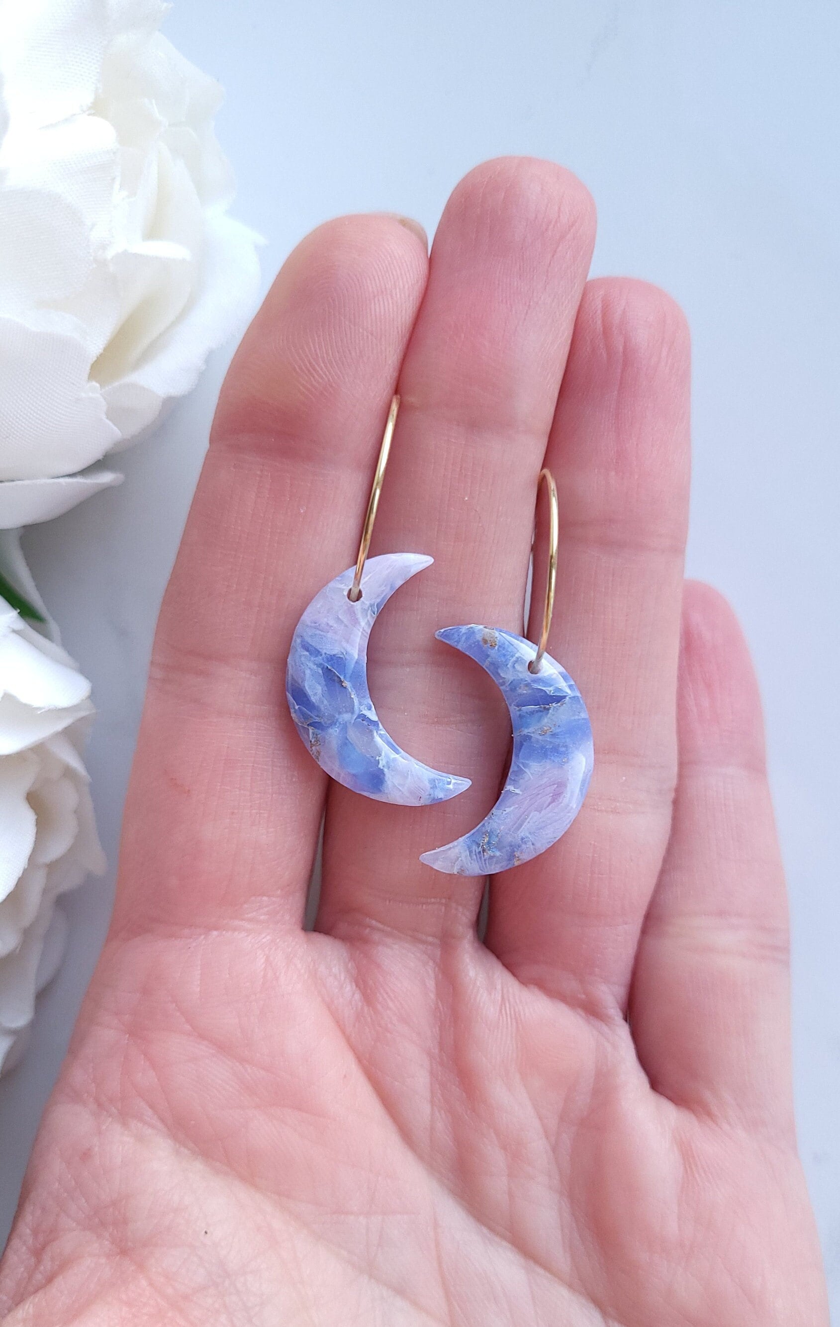 Pastel Blue & Lilac Marble Earrings | Handmade Polymer Clay Statement Moon Hoop