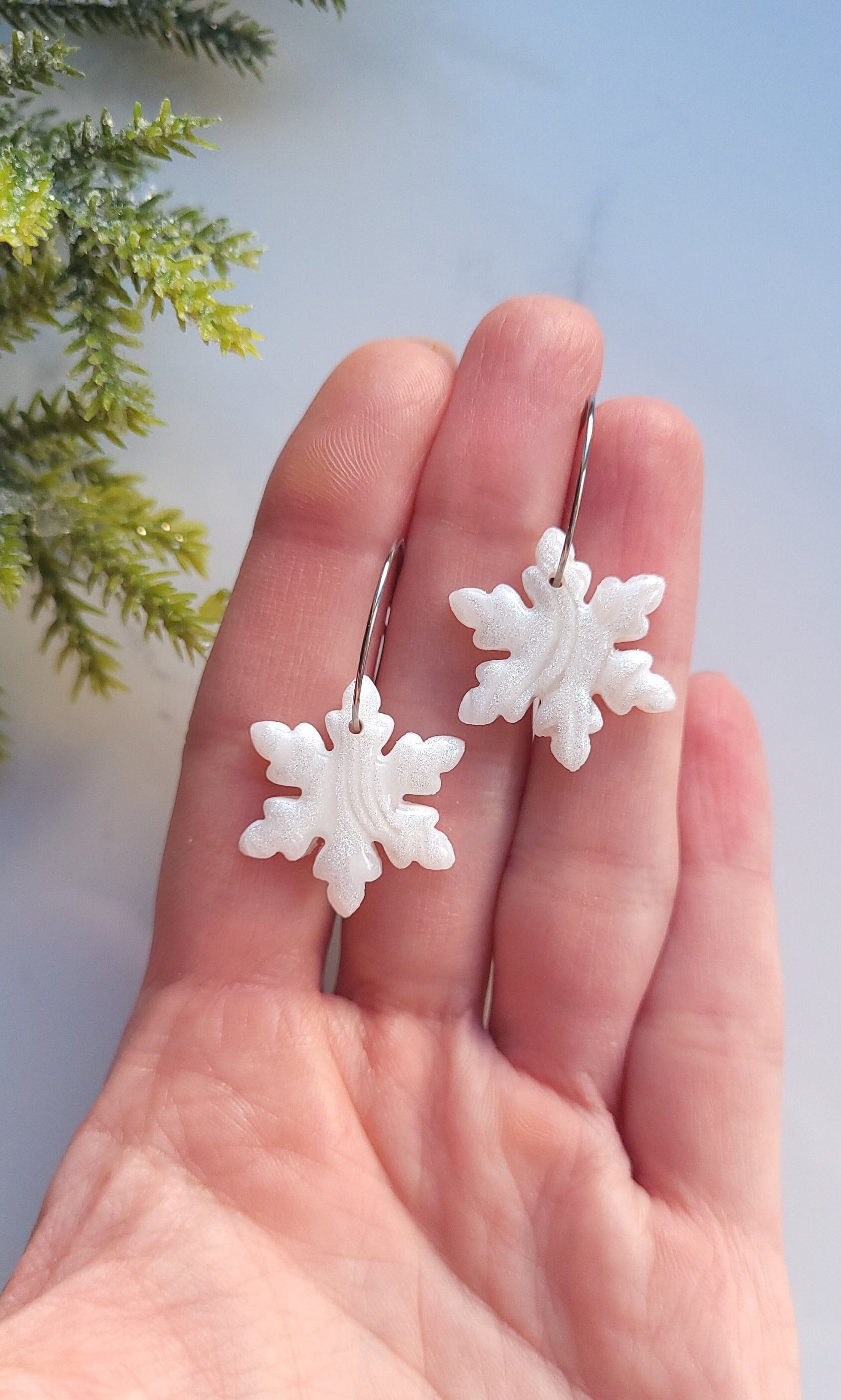Translucent White & Silver Marble Earrings | Handmade Polymer Clay Statement Snowflake Hoop