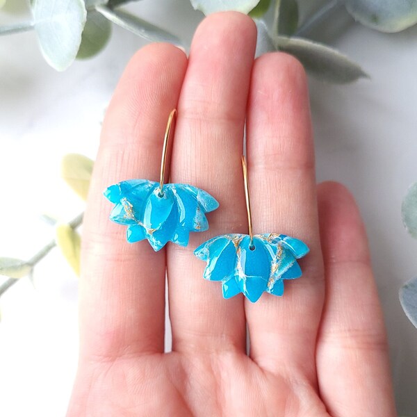 Turquoise Blue Marble Earrings | Handmade Polymer Clay Earrings | Statement Hoop Lotus Earrings