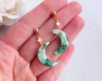 Green and White Marble Earrings | Handmade Polymer Clay Earrings | Statement Moon Earrings