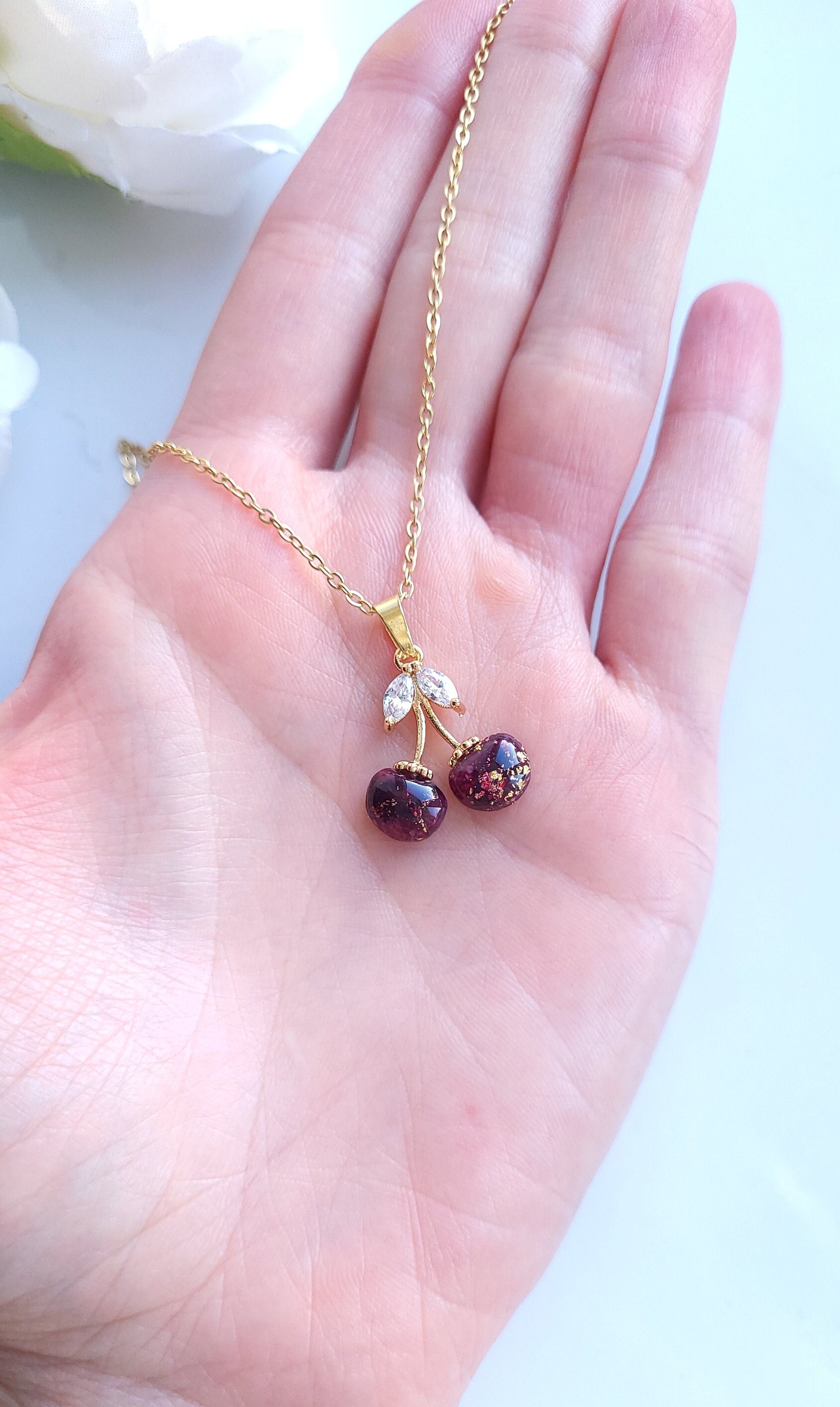 Deep Burgundy & Gold Marble Pendant Necklace | Handmade Polymer Clay Pendants Cherry