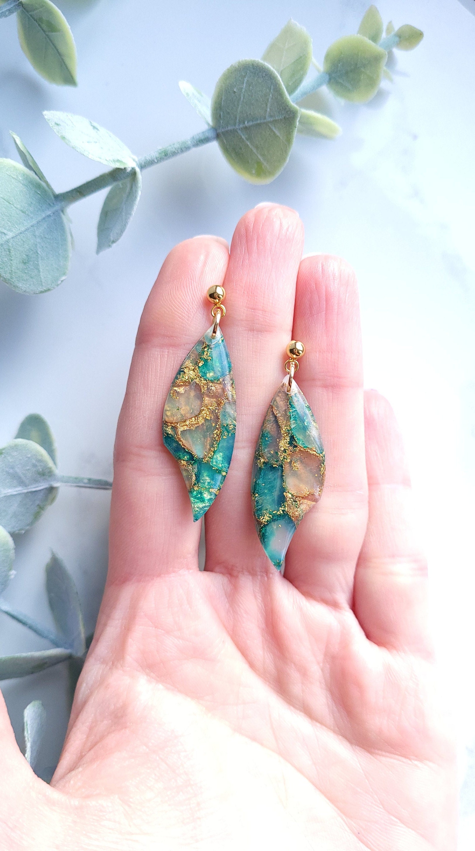 Green, Copper & Gold Marble Earrings | Handmade Polymer Clay Statement Dangle