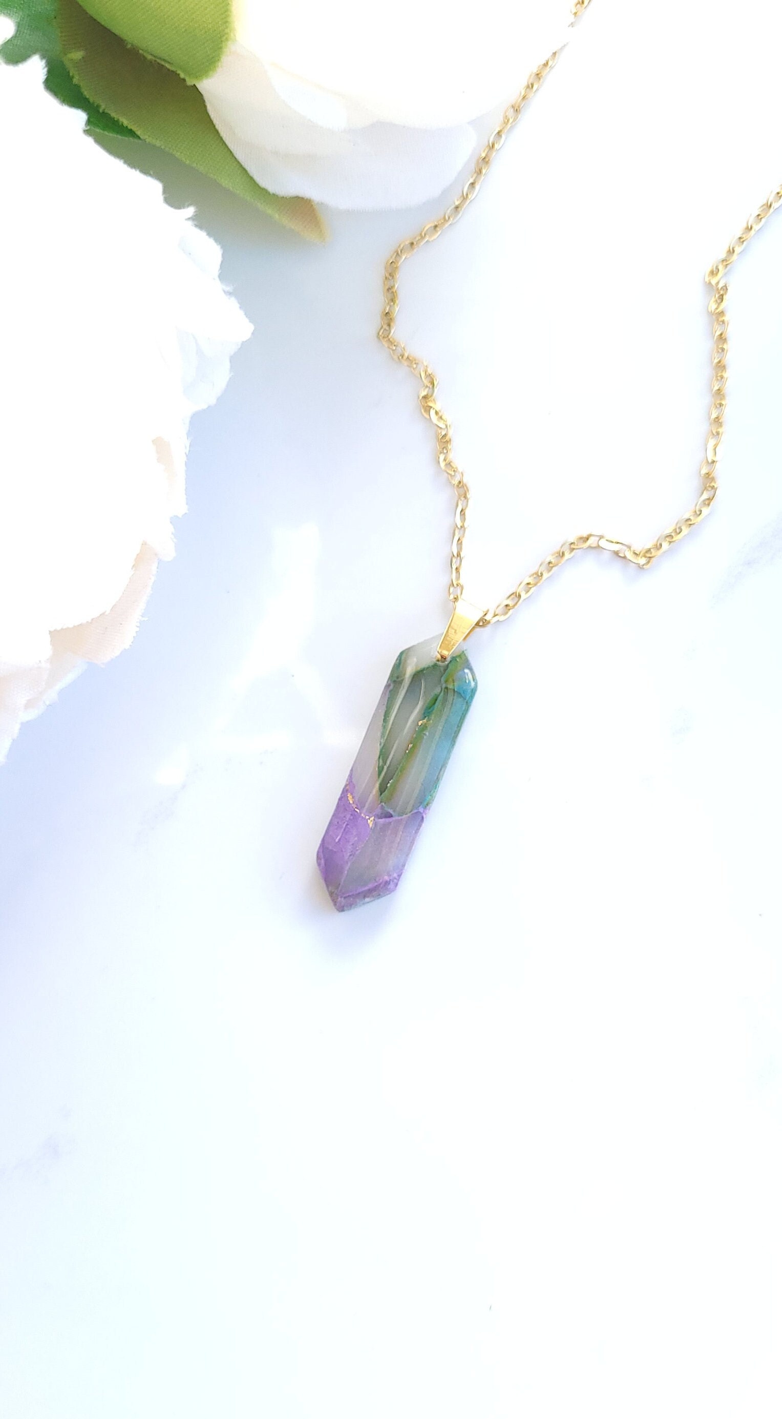 Green, Purple & Gold Marble Pendant Necklace | Handmade Polymer Clay Unique