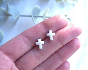 White and Silver Stud Earrings | Handmade Polymer Clay Earrings | Small Cross Stud Earrings
