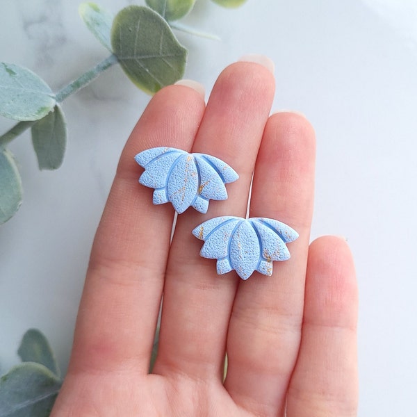 Pastel Blue Marble Lotus Earrings | Handmade Polymer Clay Earrings | Statement Stud Lotus Earrings