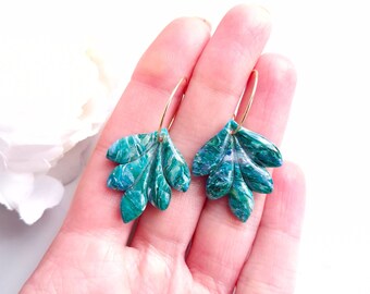 Emerald Green, Blue and Gold Marble Earrings | Handmade Polymer Clay Earrings | Statement Hoop Earrings