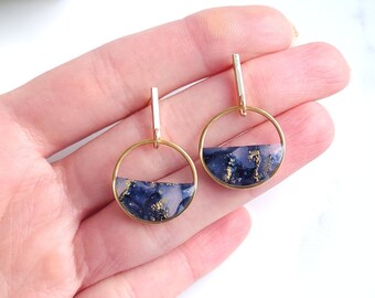 Navy Blue and Gold Marble Translucent Earrings | Handmade Polymer Clay Earrings | Statement Dangle Earrings