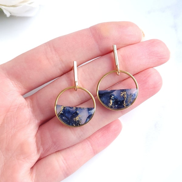 Navy Blue and Gold Marble Translucent Earrings | Handmade Polymer Clay Earrings | Statement Dangle Earrings