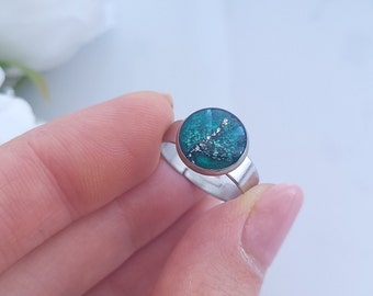Turquoise Green, Black and Silver Marble Ring | Handmade Polymer Clay Ring | Unique Statement Rings
