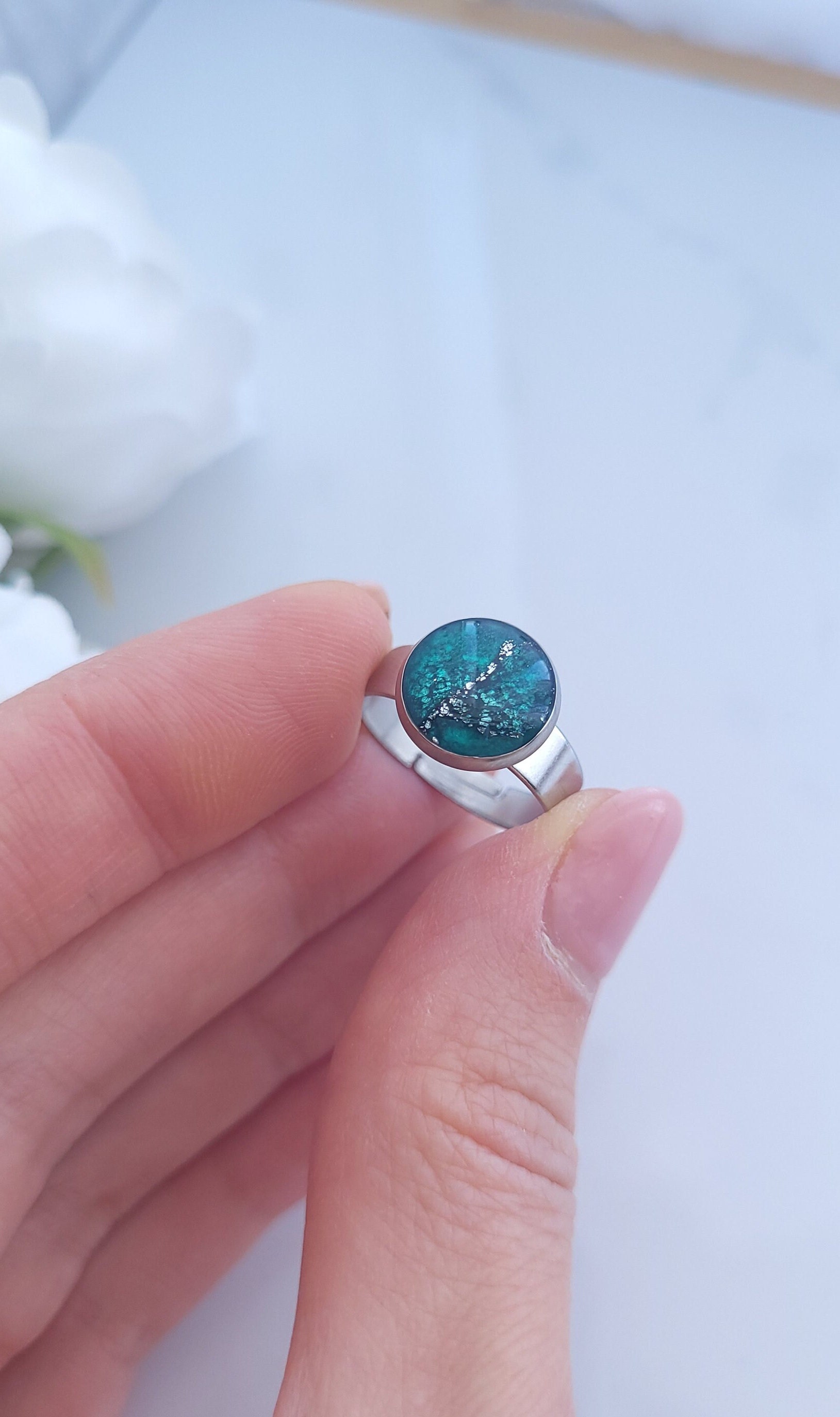 Turquoise Green, Black & Silver Marble Ring | Handmade Polymer Clay Unique Statement Rings
