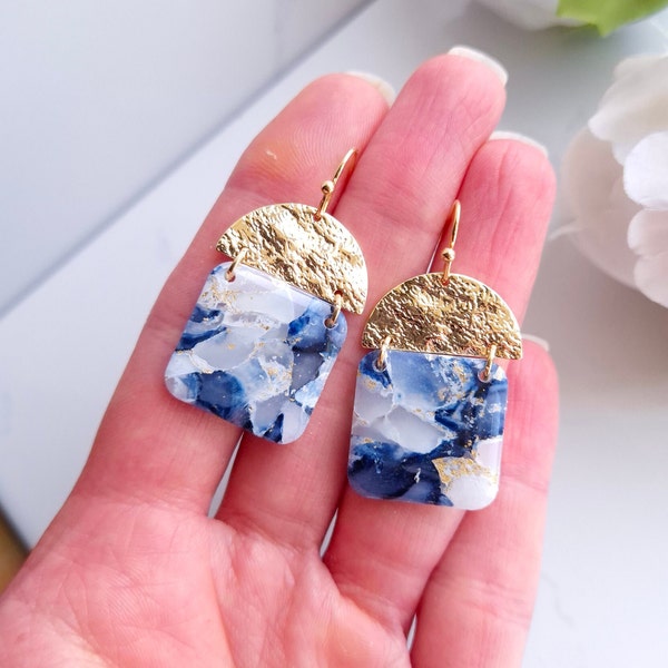 Navy Blue, White and Gold Marble Earrings | Handmade Polymer Clay Earrings | Statement Dangle Earrings