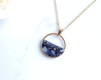 Navy Blue and Gold Translucent Marble Pendant Necklace | Handmade Polymer Clay Pendant Necklace | Unique Clay Pendant