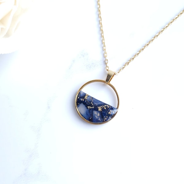 Marineblau und Gold Durchscheinend Marmor Anhänger Halskette | Handmade Polymer Clay Anhänger Halskette | Einzigartige Anhänger aus Ton
