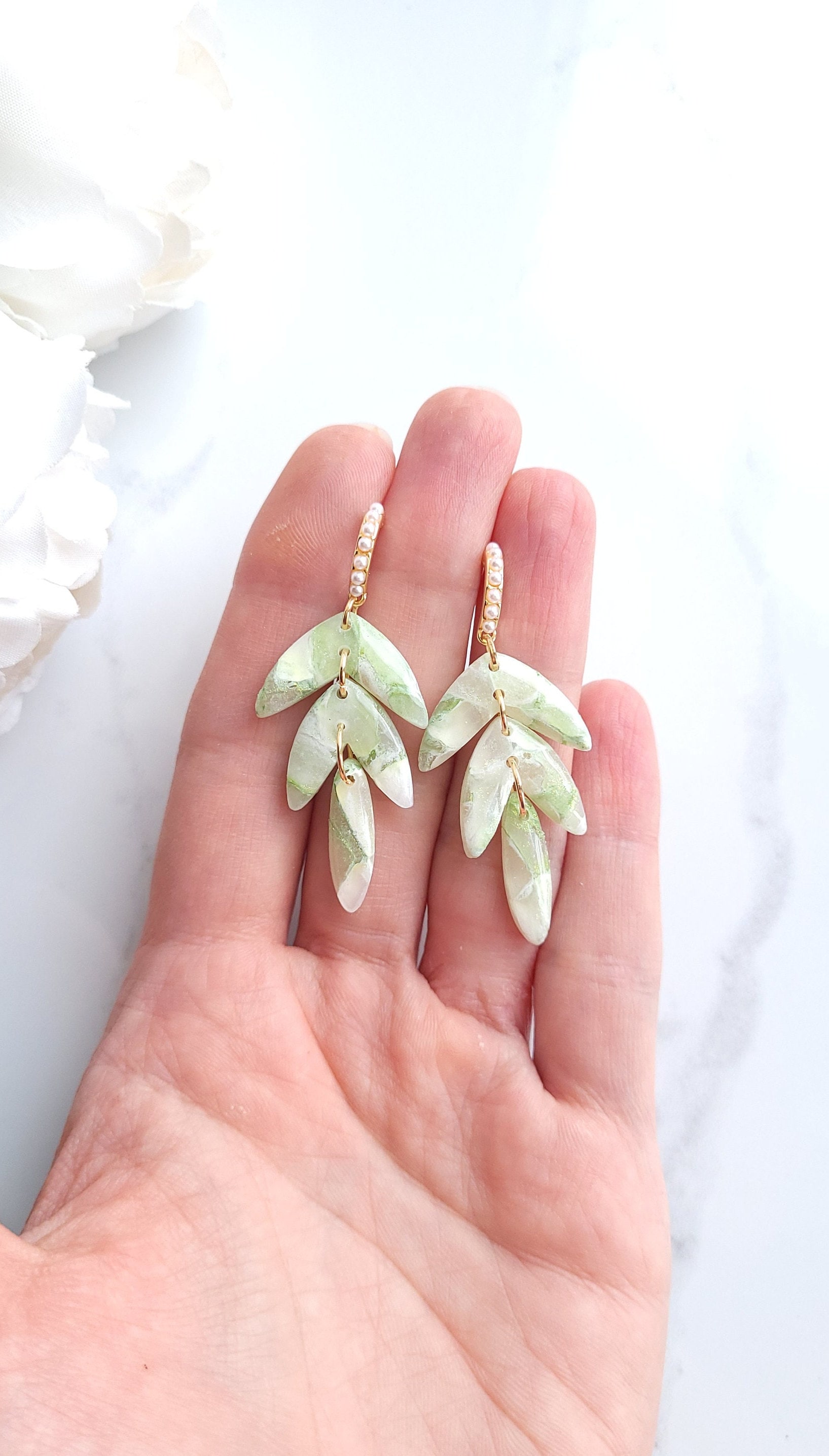 Light Green, White & Gold Marble Earrings | Handmade Polymer Clay Statement Dangle