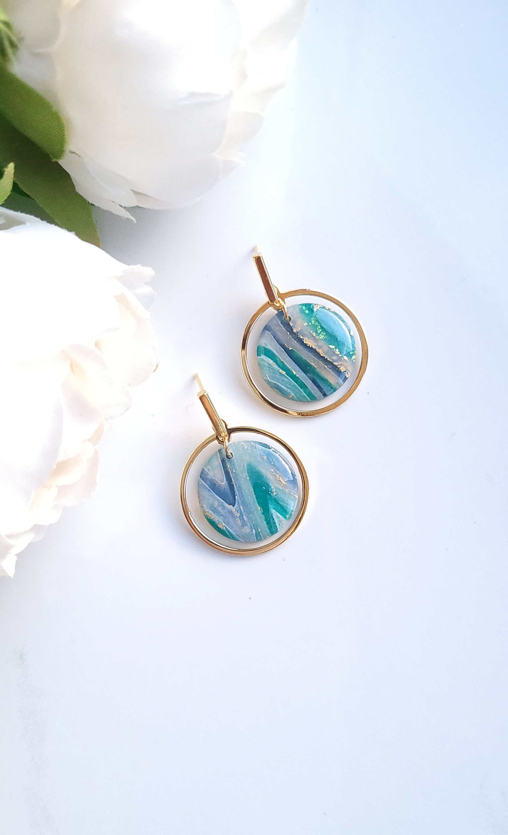 Blue, Green & Gold Marble Earrings | Handmade Polymer Clay Statement Dangle