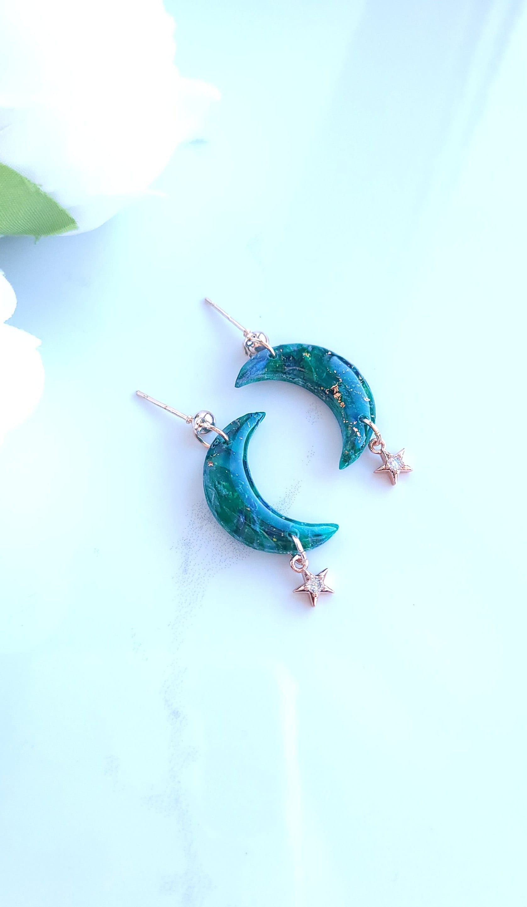 Emerald Green & Rose Gold Marble Earrings | Handmade Polymer Clay Statement Dangle Moon Star