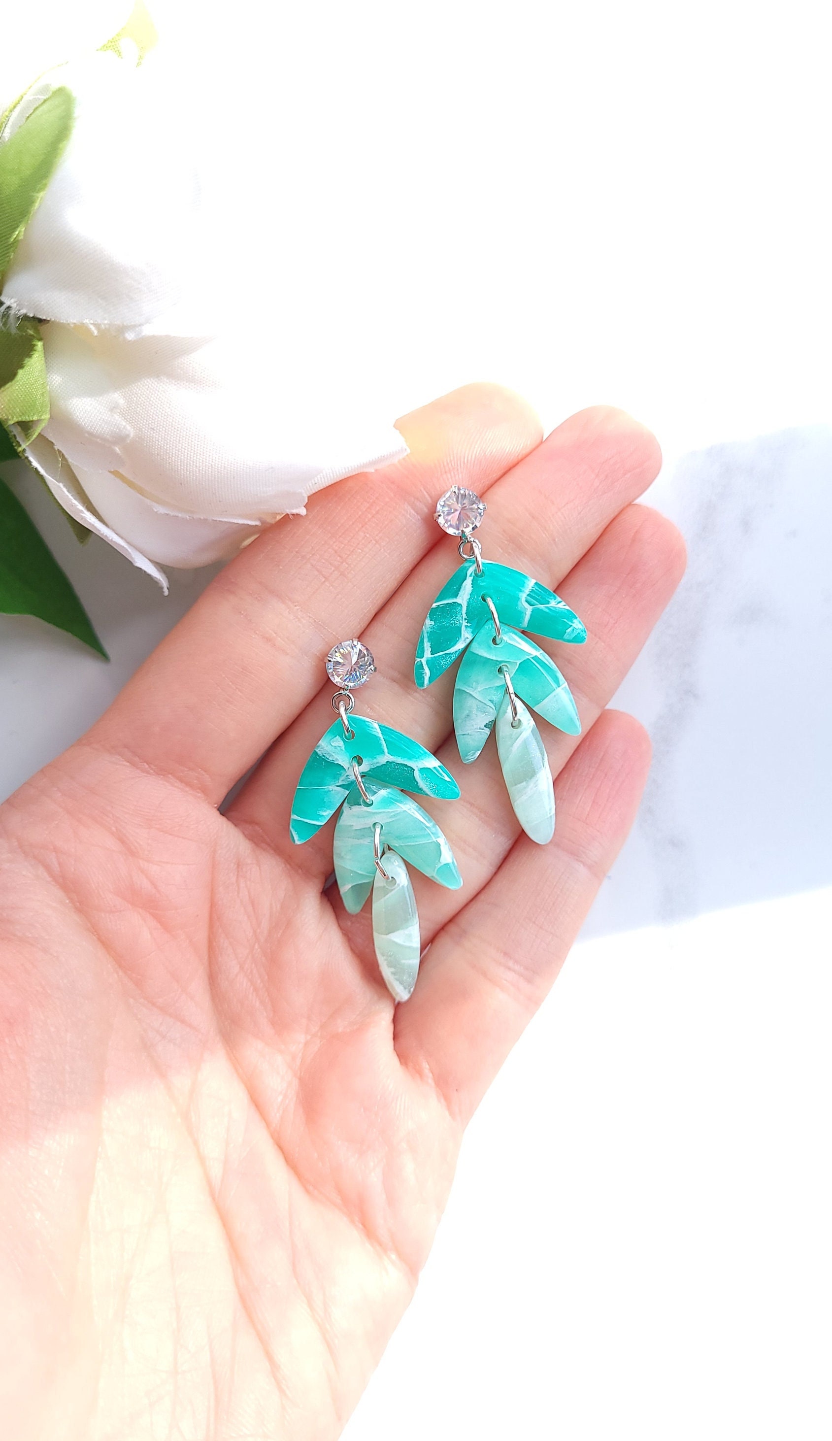 Turquoise Gradient & White Marble Earrings | Handmade Polymer Clay Statement Dangle