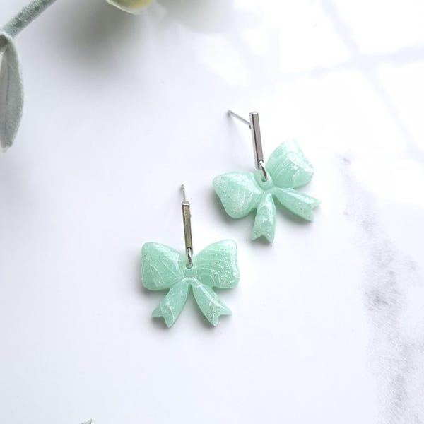 Mint Green and White Bow Marble Earrings | Handmade Polymer Clay Earrings | Statement Dangle Bow Earrings