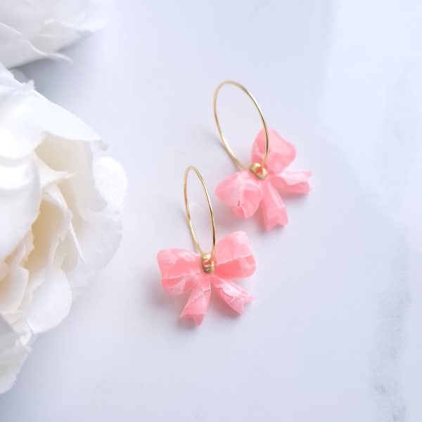 Peachy/Pink and White Marble Earrings | Handmade Polymer Clay Earrings | Statement Hoop Bow Earrings