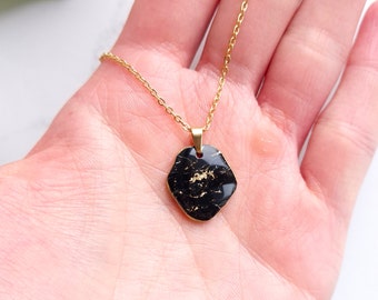 Black and Gold Marble Pendant Necklace Handmade Polymer Clay Pendant Necklace Clay Pendant