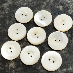 Könnte beinhalten: Eine Ansammlung von acht kreisförmigen, cremeweißen Knöpfen, die jeweils eine glatte, schimmernde Oberfläche und zwei mittige Löcher zur Befestigung aufweisen. Die Knöpfe sind locker angeordnet und zeigen eine einheitliche runde Form.