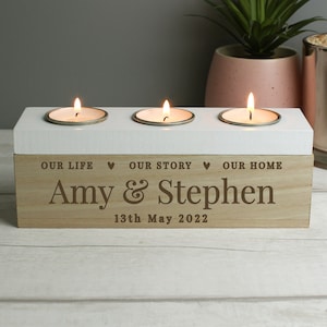 Personalised Triple Tealight Box - Personalised Our Life Story & Home Triple Tea Light Box - tealight box - new home gift - couple gift