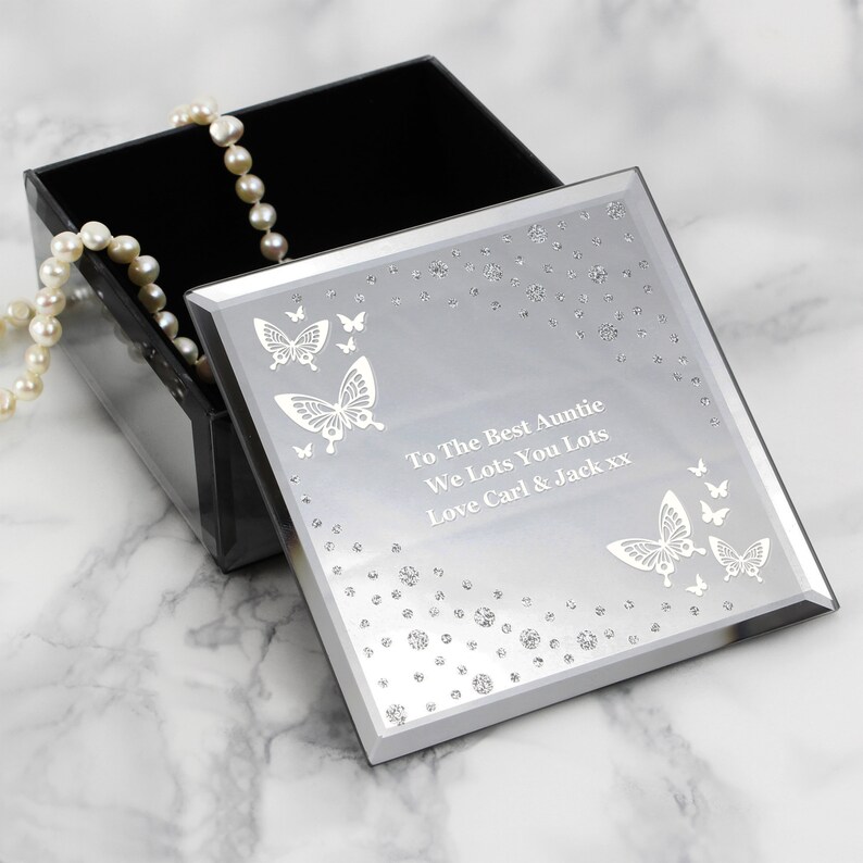 Personalised White Butterfly Diamante Glass Trinket Box Personalised jewellery box mothers day gift gift for her birthday gift image 3