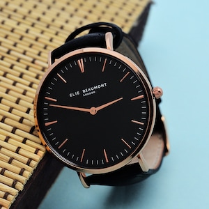 Modern - Vintage Personalised Leather Watch in Black - Father&#39;s Day Gift - Engraved watch - personalised watch - anniversary gift - groom