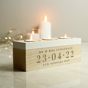 Personalised Wooden Wedding Anniversary Gift - 5 years - Personalised Date Triple Tea Light Box - tealight box - new home gift - couple gift