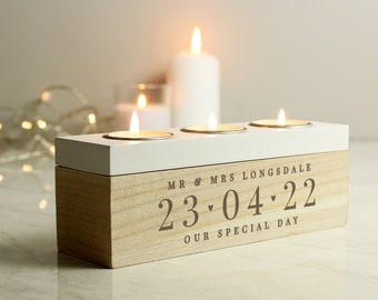 Personalised Wooden Wedding Anniversary Gift - 5 years - Personalised Date Triple Tea Light Box - tealight box - new home gift - couple gift