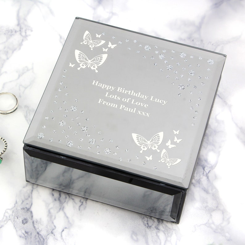 Personalised White Butterfly Diamante Glass Trinket Box Personalised jewellery box mothers day gift gift for her birthday gift image 6