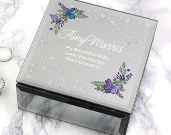 Personalised Floral Butterfly Diamante Glass Trinket Box - Personalised jewellery box - mothers day gift - gift for her - birthday gift