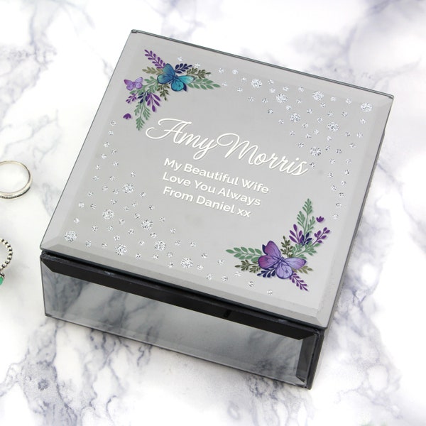 Personalised Floral Butterfly Diamante Glass Trinket Box - Personalised jewellery box - mothers day gift - gift for her - birthday gift