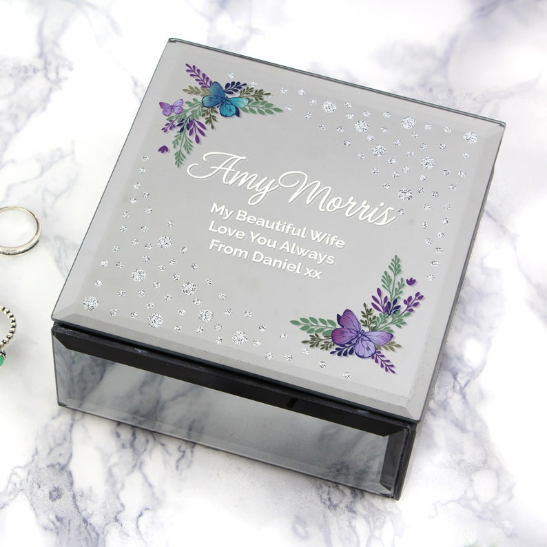 Personalised Floral Butterfly Diamante Glass Trinket Box Personalised jewellery box mothers day gift gift for her birthday gift image 1