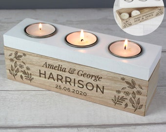 Personalised Floral Triple Tea Light Box - Wedding Gift - memory candle - tealight box - new home gift - couple gift - memory gift