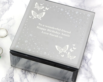 Personalised White Butterfly Diamante Glass Trinket Box - Personalised jewellery box - mothers day gift - gift for her - birthday gift