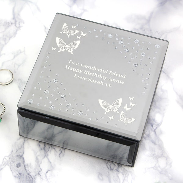 Personalised White Butterfly Diamante Glass Trinket Box - Personalised jewellery box - mothers day gift - gift for her - birthday gift