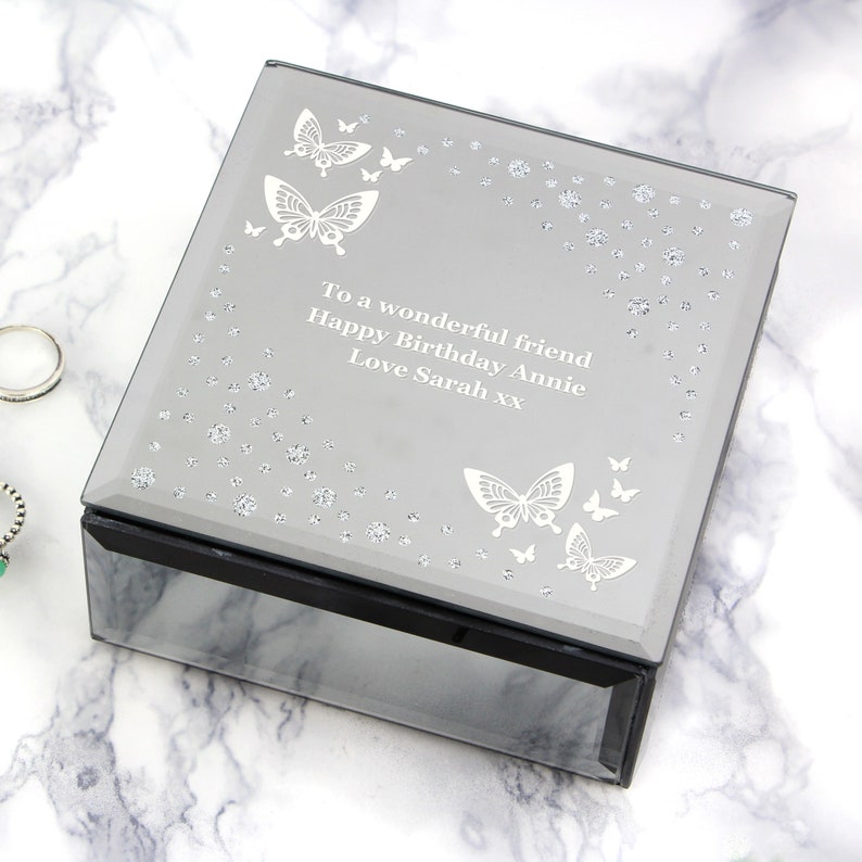 Personalised White Butterfly Diamante Glass Trinket Box Personalised jewellery box mothers day gift gift for her birthday gift image 1