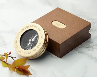 Personalised Brass Travellers Compass with Wooden Box - Travel Gift - Keepsake Gift - Father's Day Gift - Birthday Gift for Him -Compass