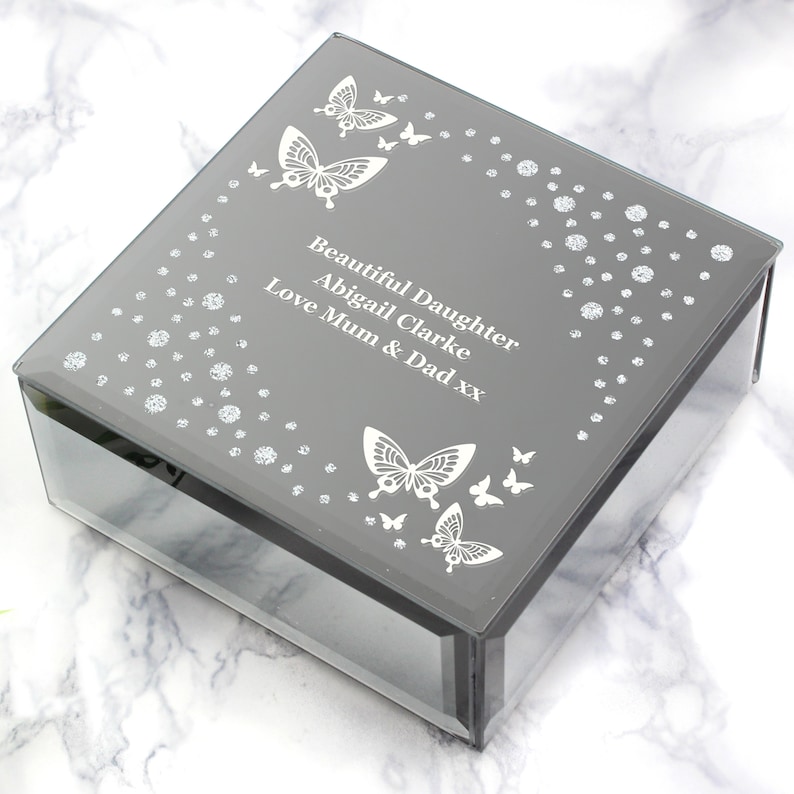 Personalised White Butterfly Diamante Glass Trinket Box Personalised jewellery box mothers day gift gift for her birthday gift image 5