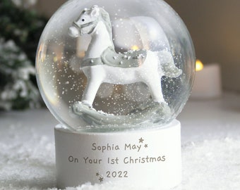 Personalised Rocking Horse Glitter Snow Globe - Baby's 1st Christmas - First Xmas - Newborn Gift - Birthday Gift - Christmas Gift