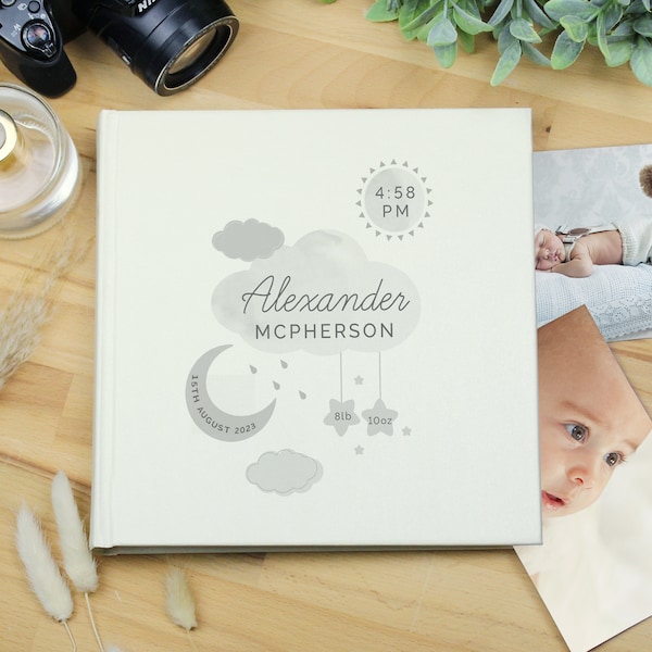 Gepersonaliseerd babyfotoalbum - gepersonaliseerd nieuw babymaan- en sterrenalbum met mouwen - nieuw babycadeau - doopcadeau - babyfotoalbum