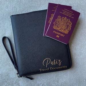 Soporte para documentos de viaje personalizado - Cartera de viaje personalizada - Soporte para pasaporte - Regalo de viaje personalizado - Organizador tecnológico