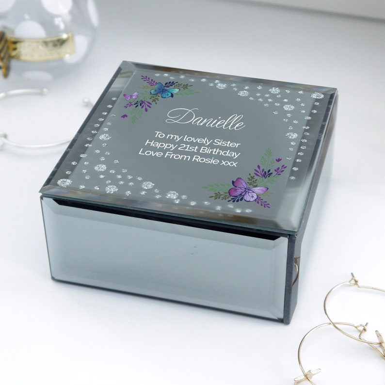 Personalised Floral Butterfly Diamante Glass Trinket Box Personalised jewellery box mothers day gift gift for her birthday gift image 2
